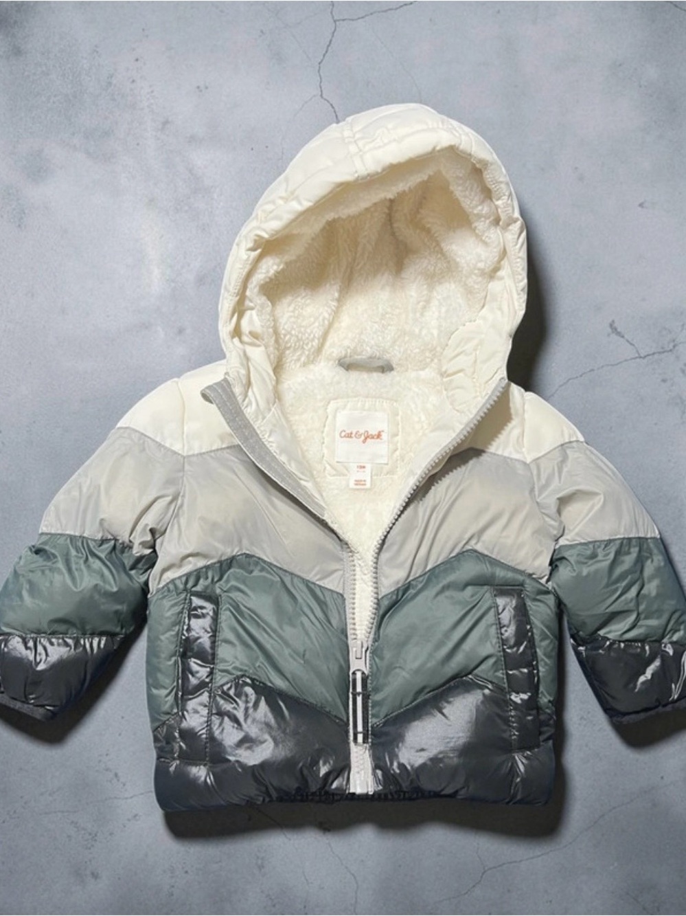 Cat & Jack Cream & Green Kids Puffer Jacket with Sherpa Hood